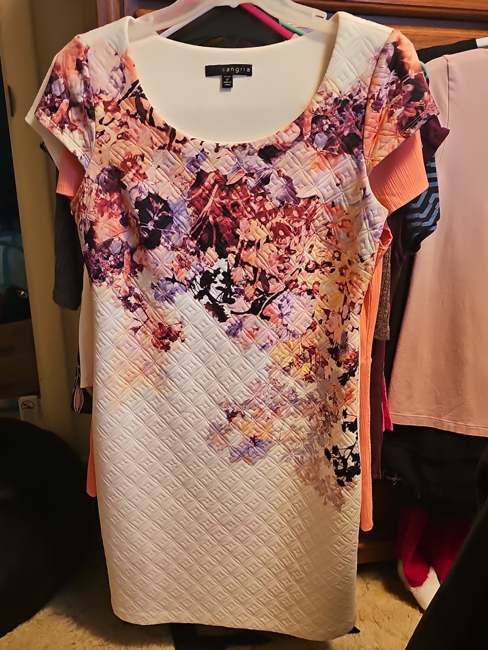 Signature by Sangria Quilted Scoop Neck Tunic Dress in Pink, Purple & Cream